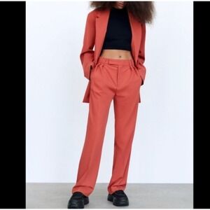 Zara Womens High Waisted Pleated Straight Leg Dress Pants Red Terracotta Size 4